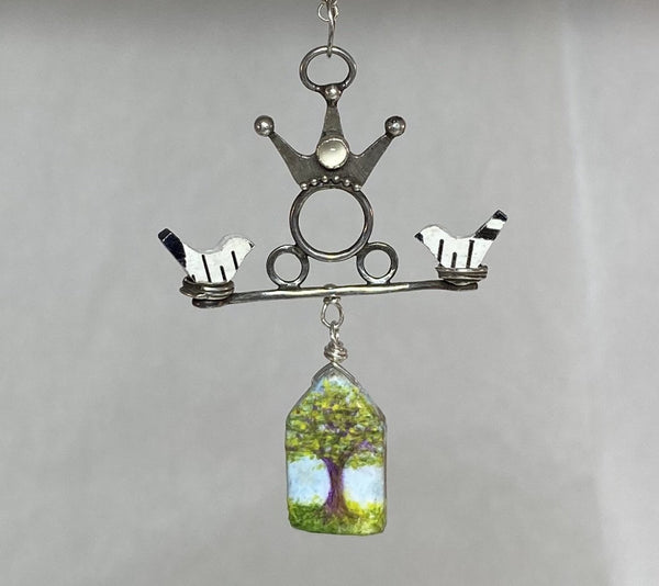 The wonderful song by They Might Be Giants led to this piece about birds and birdhouses and what lives in your soul.  Does this necklace express the beauty that lies in your soul?   Patinated Sterling Silver, Argentium™,  3mm bezel-set Moonstone, hand painted, rulers.  Chain:  16" Patinated Sterling Silver 1.5mm Rolo Chain, Spring Clasp  Charm:  1 1/4"L x 1 1/2"W   Moonstone is associated with the inner feminine goddess and offers new beginnings while releasing all kinds of love.